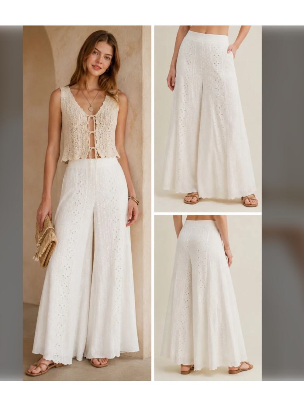 White Eyelet Cotton Wide Leg Palazzo Pants Lined with Pockets - Coastal European - Picture 1 of 7